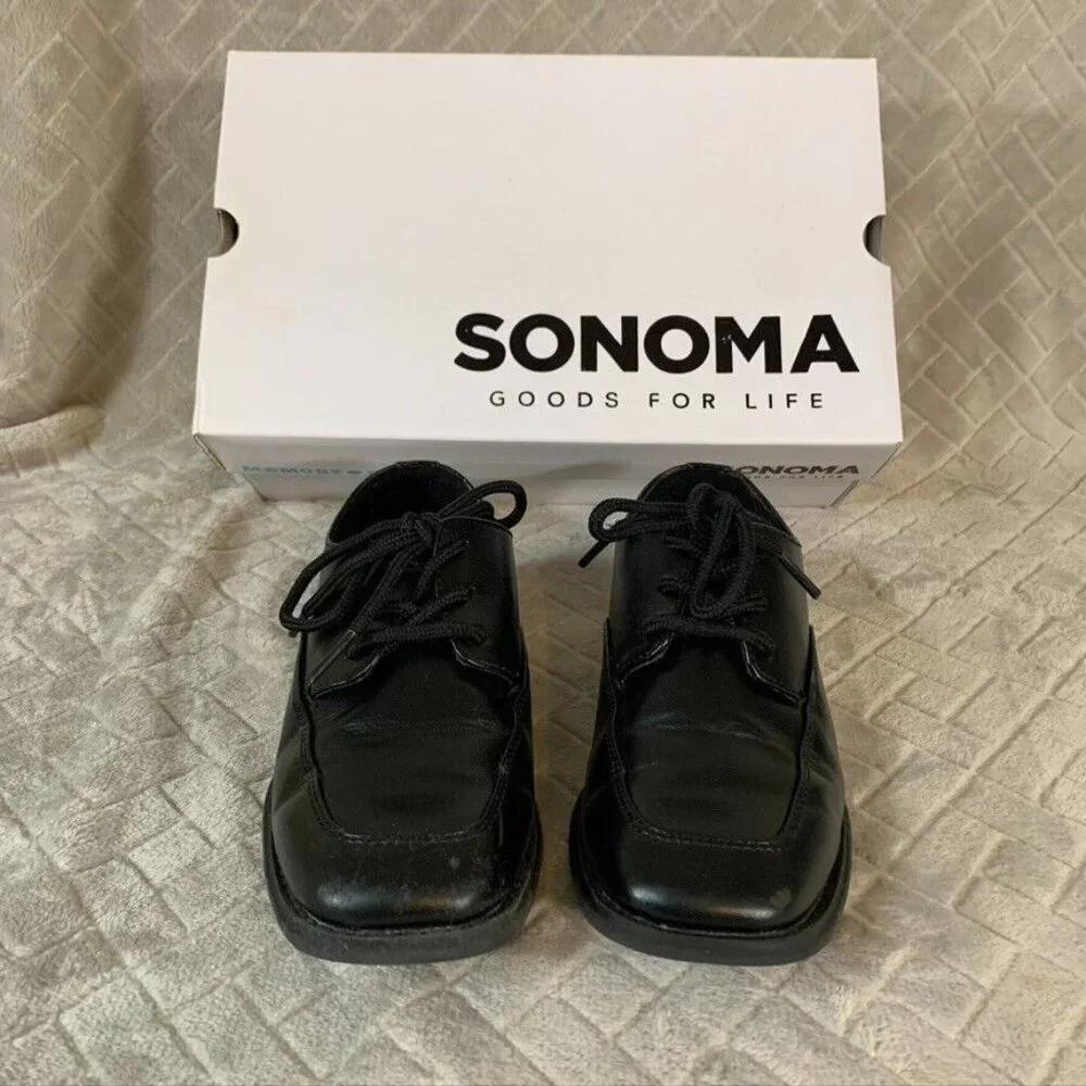 Sonoma Boy Size 1 Dress Shoes Black Shiny Faux Leather with Suspenders & Bow Tie